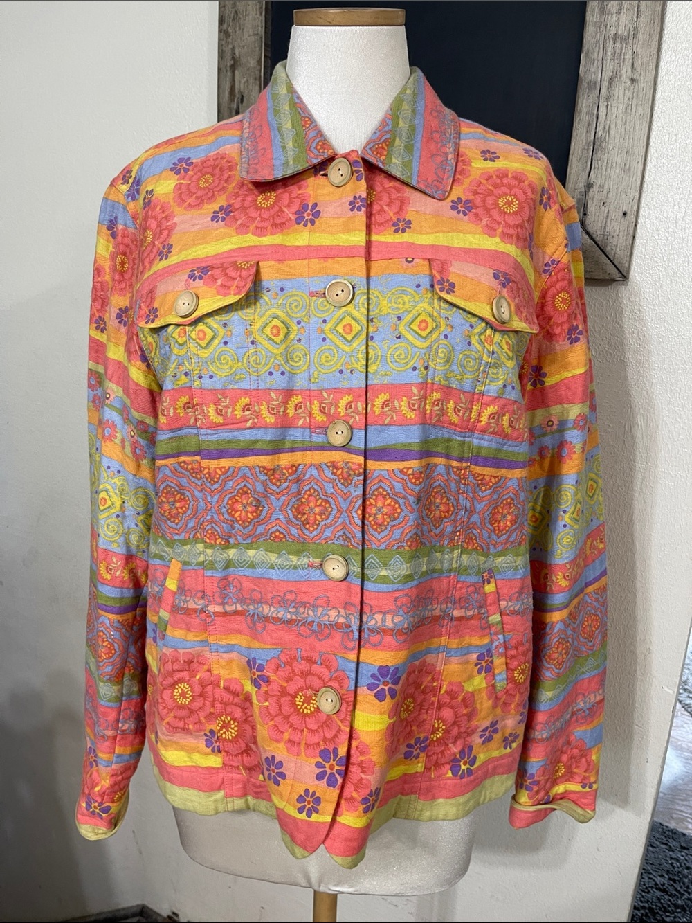 Coldwater Creek 💯 Cotton Floral Striped Jacket - Sz L